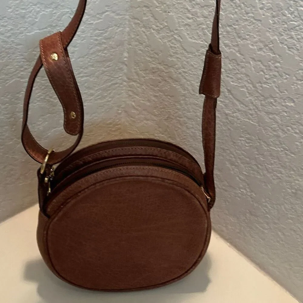 Bally Pebbled Leather Double Circle Crossbody Bag Cognac Brown Quiet Luxury